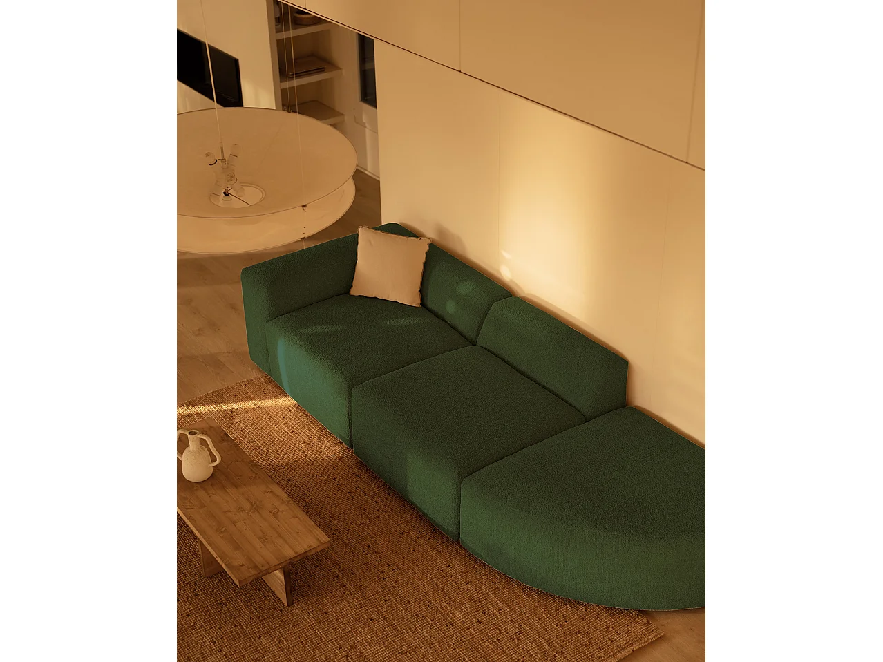 Divano a 3 moduli con curva a destra in bouclé verde 320x110cm