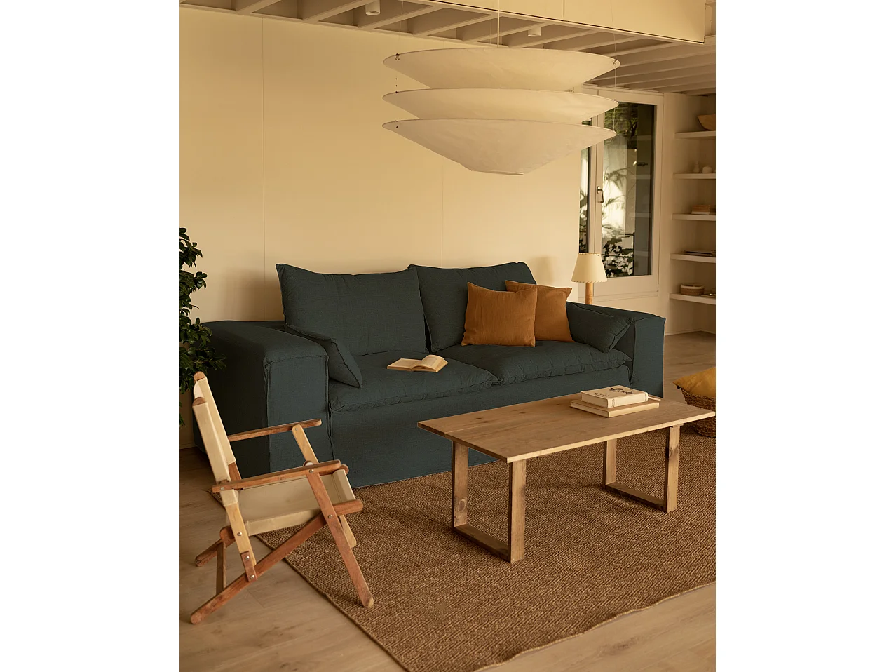 Sofá de 4 plazas de lino desenfundable color azul 260x90x110cm - VEGA - DECOWOOD