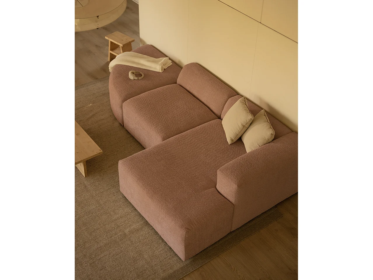 Canapé 5/6 places 3 modules courbe d'angle droit en bouclé rose