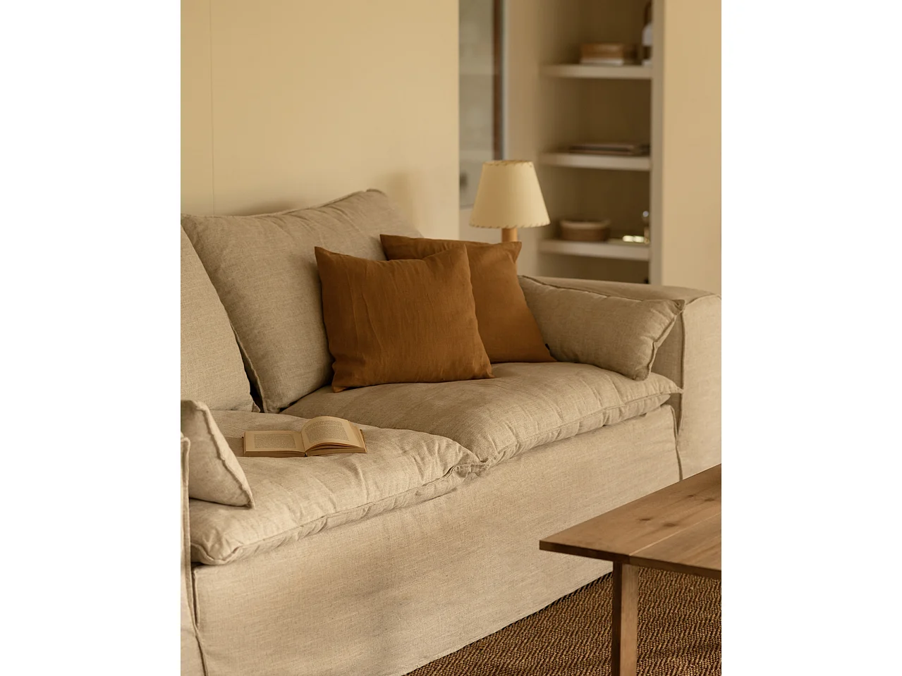 Canapé 3/4 places en lin déhoussable de couleur beige