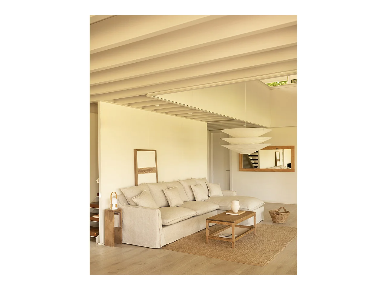 Canapé 3 places d'angle droite en coton et lin déhoussable beige