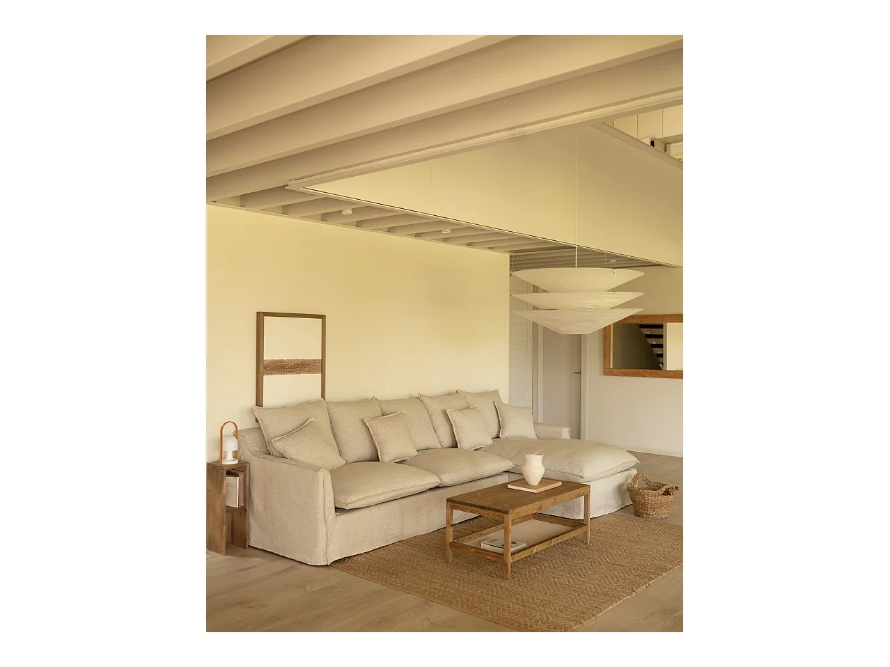 Canapé 3 places d'angle droite en coton et lin déhoussable beige