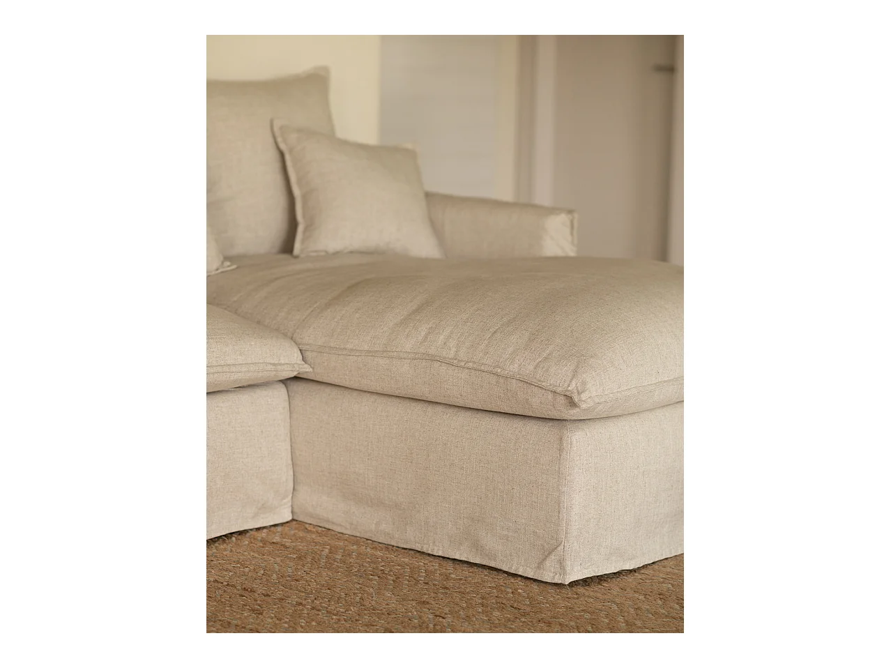 Canapé 3 places d'angle droite en coton et lin déhoussable beige