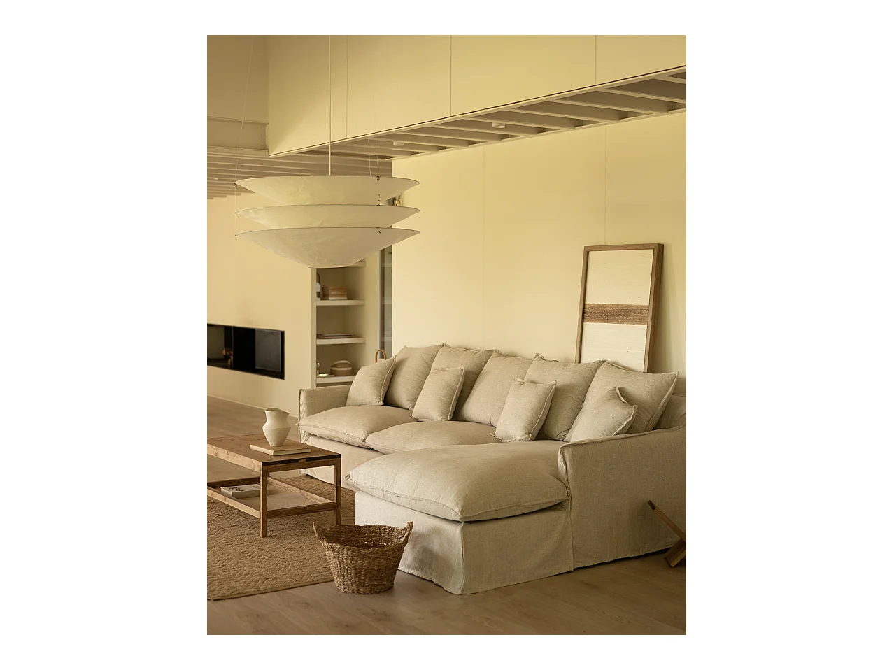 Canapé 3 places d'angle droite en coton et lin déhoussable beige