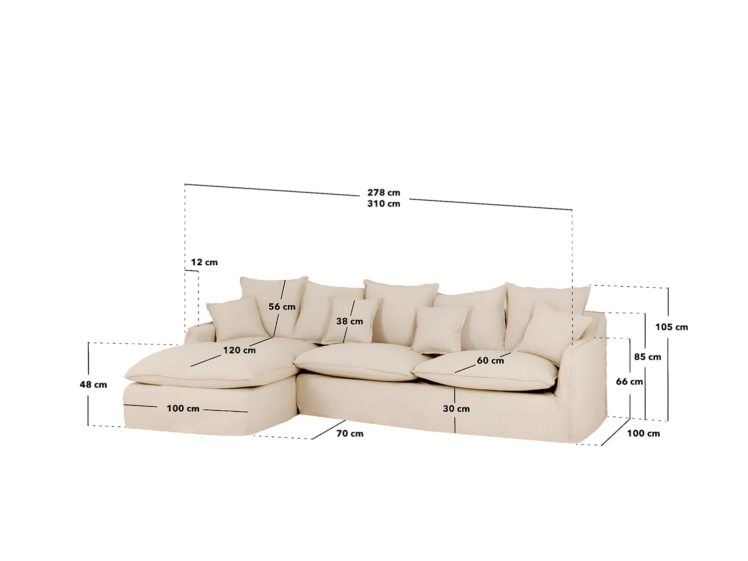 Canapé 3 places d'angle droite en coton et lin déhoussable beige