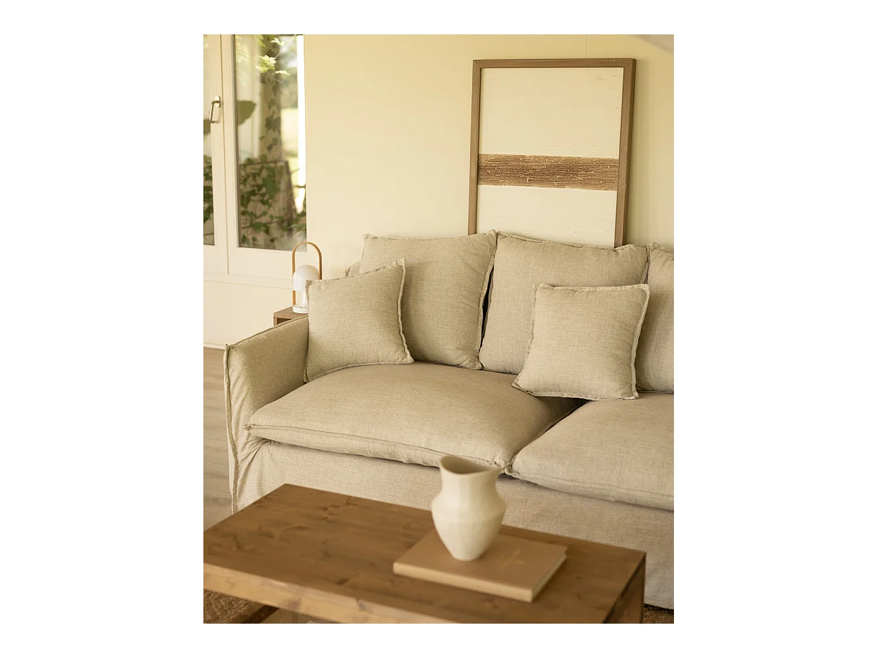 Canapé 3 places d'angle droite en coton et lin déhoussable beige
