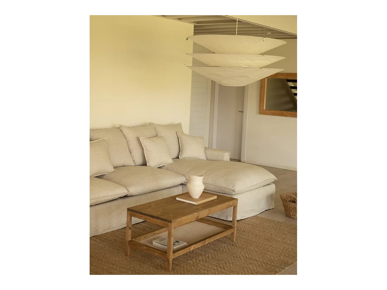 Canapé 3 places d'angle droite en coton et lin déhoussable beige