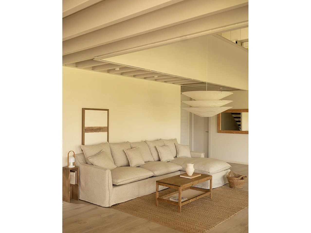 Canapé 3 places d'angle droite en coton et lin déhoussable beige