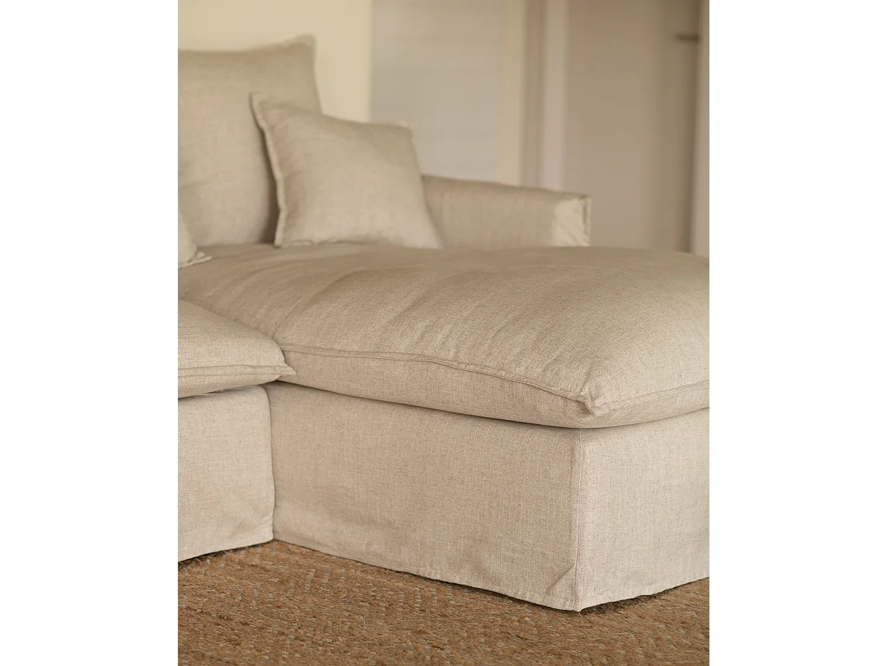 Canapé 3 places d'angle droite en coton et lin déhoussable beige