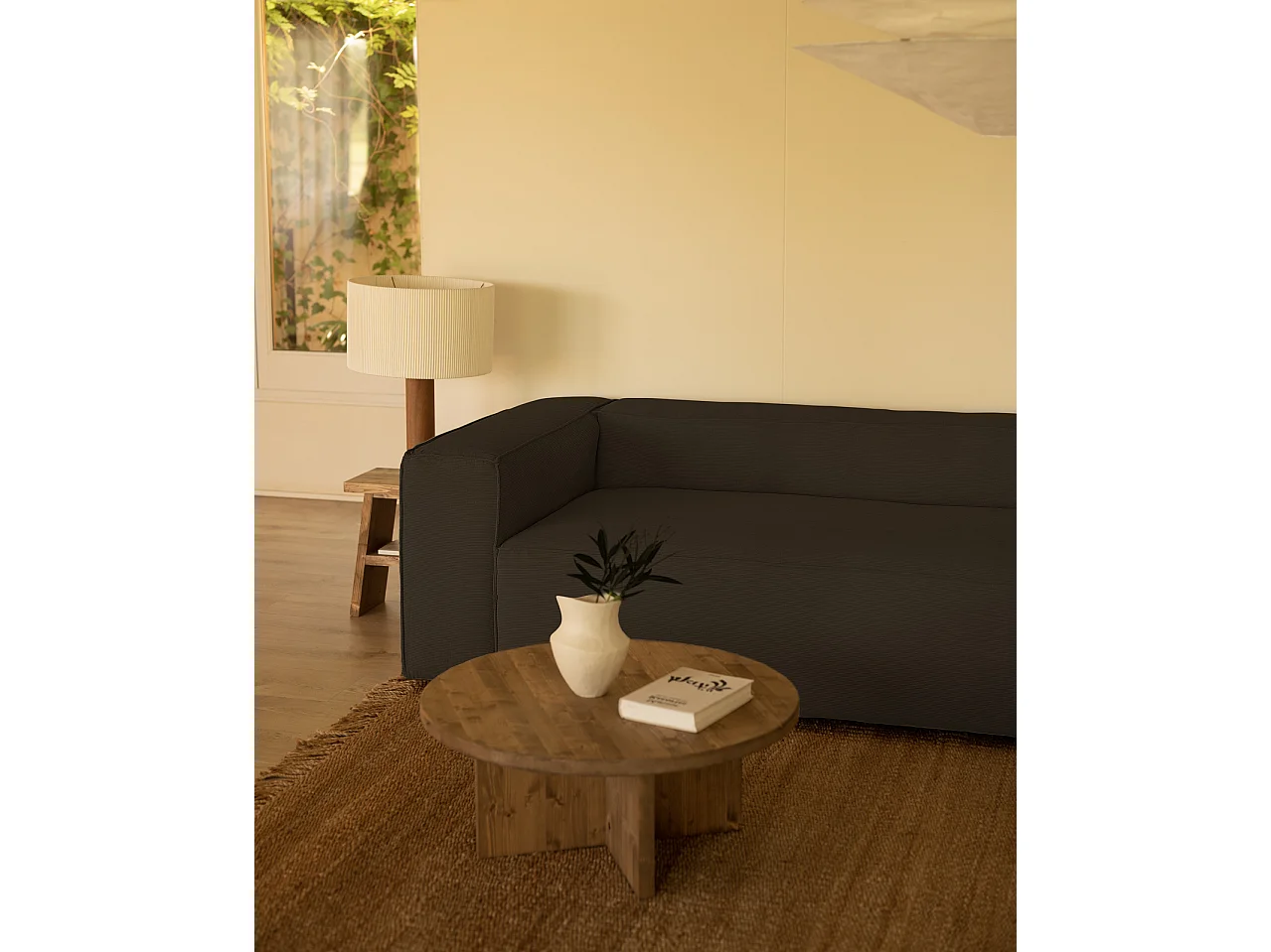 Sofá de 4/5 plazas con chaise longue derecho de pana gris oscuro 300x70x175cm - LOLA - DECOWOOD