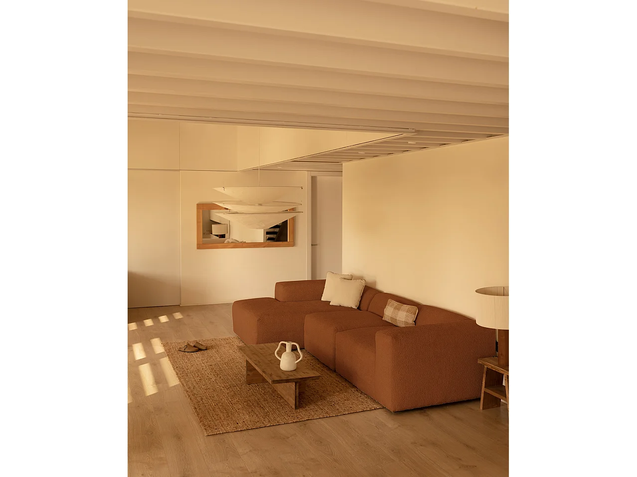 Sofá de 3 módulos con chaise longue izquierdo de bouclé cobre 330x70x172cm - BERTA - DECOWOOD