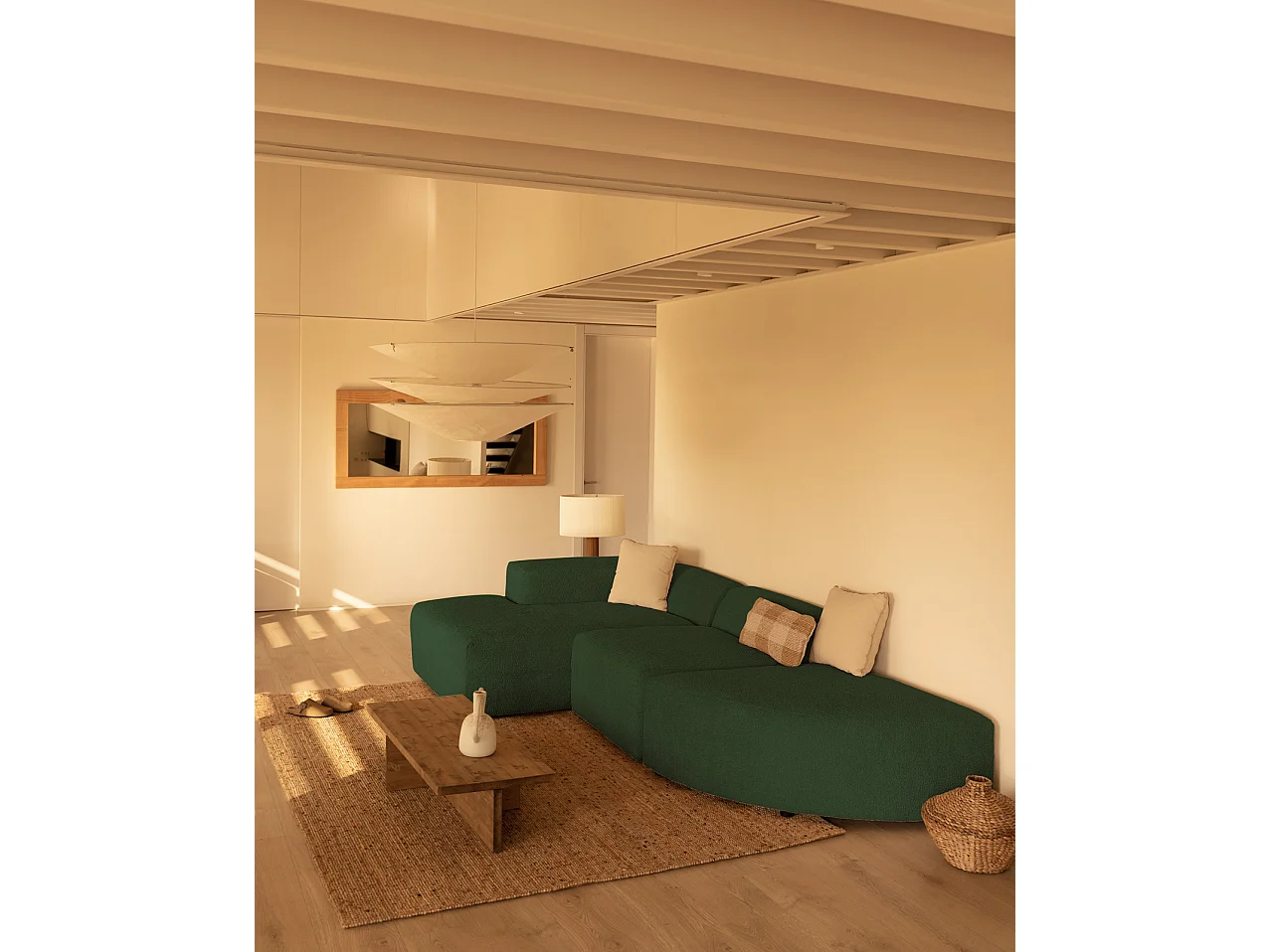 Divano curvo 3 moduli CHL sinistra in bouclé verde 320x172cm