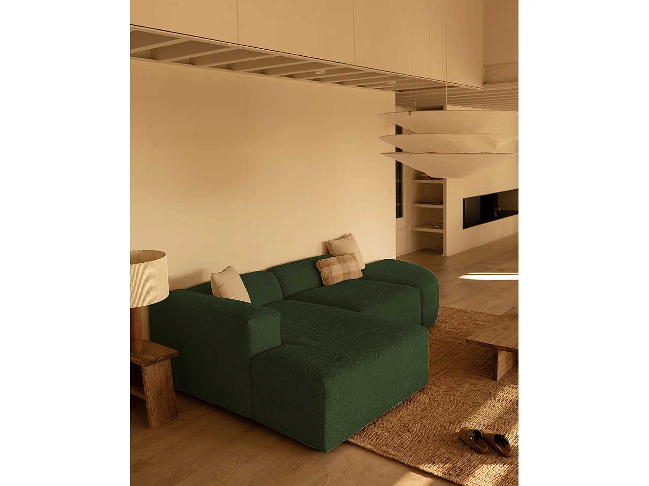 Divano curvo 3 moduli CHL sinistra in bouclé verde 320x172cm