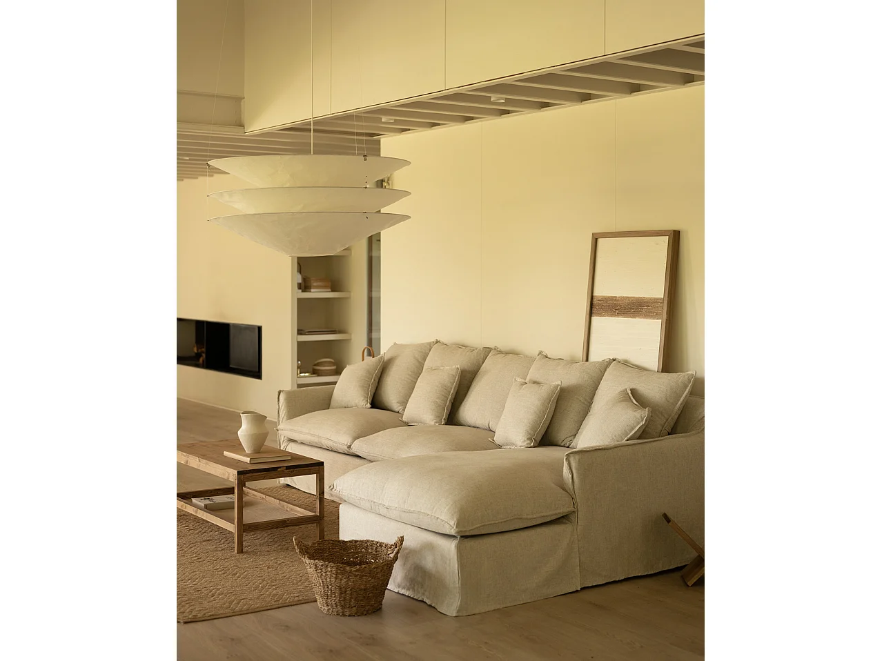 Sofá con chaise longue derecho desenfundable beige 4/5 plazas 310x95x170cm - MIA - DECOWOOD
