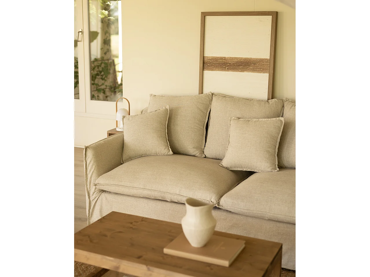 Canapé 4/5 places d'angle droite en coton et lin déhoussable beige