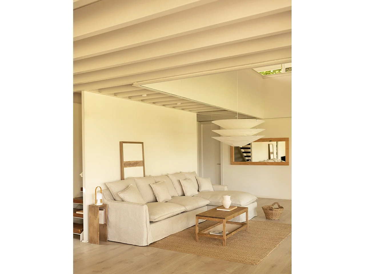 Canapé 4/5 places d'angle droite en coton et lin déhoussable beige