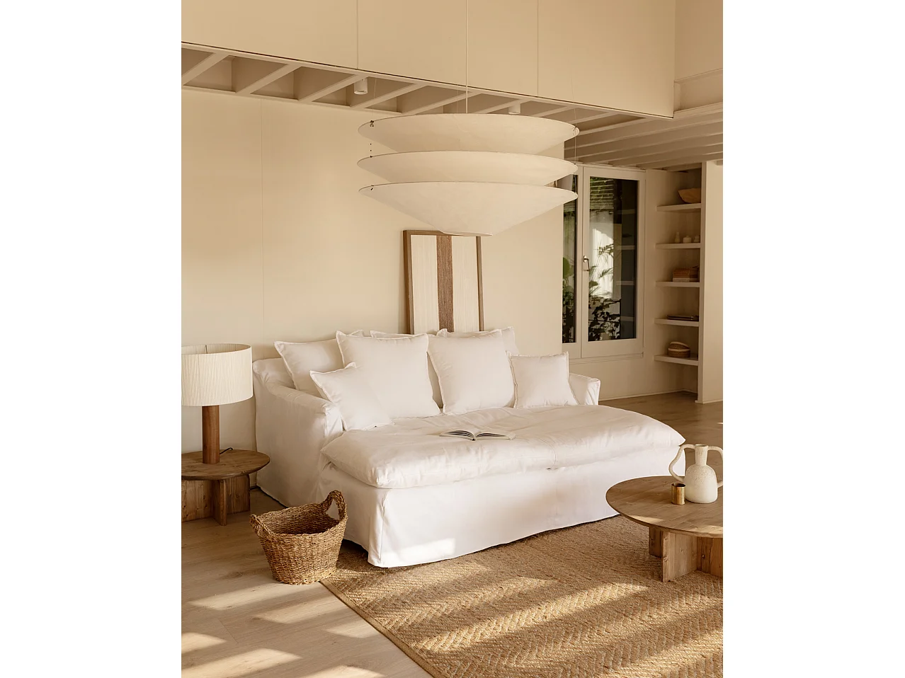 Sofá 2 plazas fondo largo de algodón y lino desenfundable blanco 200x95x170cm - MIA - DECOWOOD