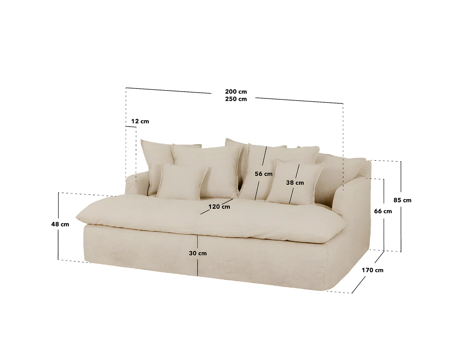 Sofá 2 plazas fondo largo de algodón y lino desenfundable blanco 200x95x170cm - MIA - DECOWOOD