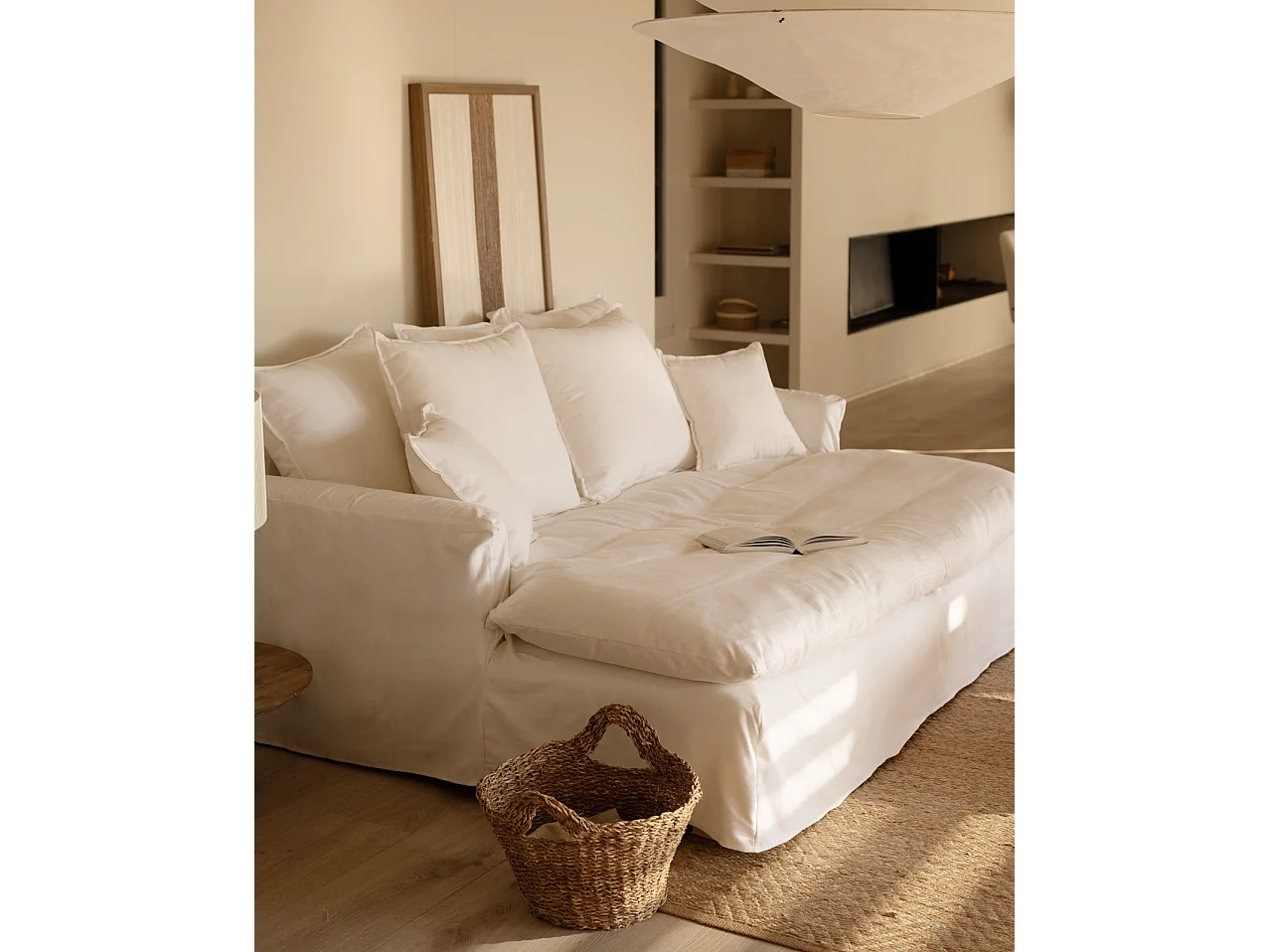 Sofá 2 plazas fondo largo de algodón y lino desenfundable blanco 200x95x170cm - MIA - DECOWOOD