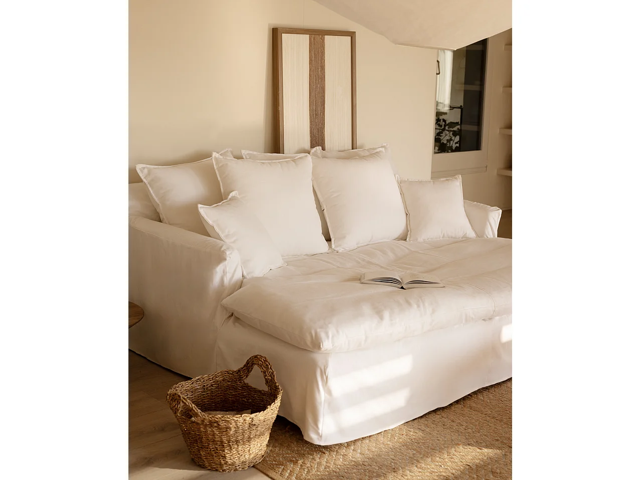 Sofá 2 plazas fondo largo de algodón y lino desenfundable blanco 200x95x170cm - MIA - DECOWOOD