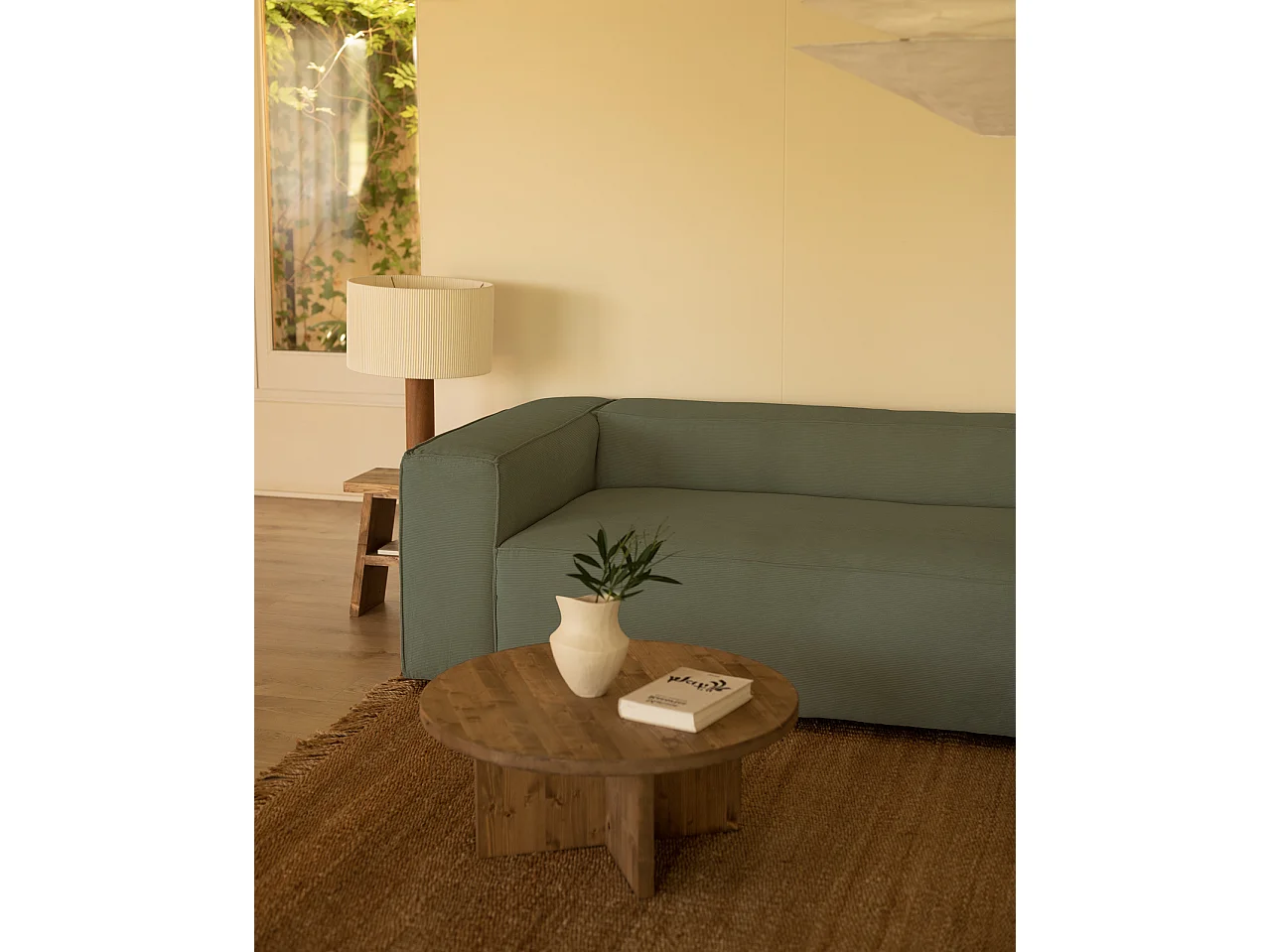 Sofá de 4/5 plazas con chaise longue derecho de pana verde azulado 300x70x175cm - LOLA - DECOWOOD