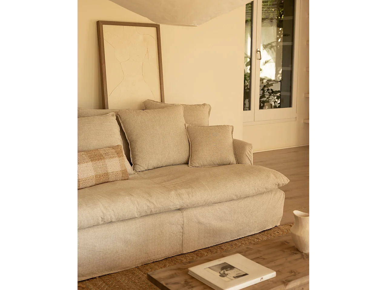 Sofá 2/3 plazas fondo medio de algodón y lino desenfundable beige 250x95x130cm - MIA - DECOWOOD