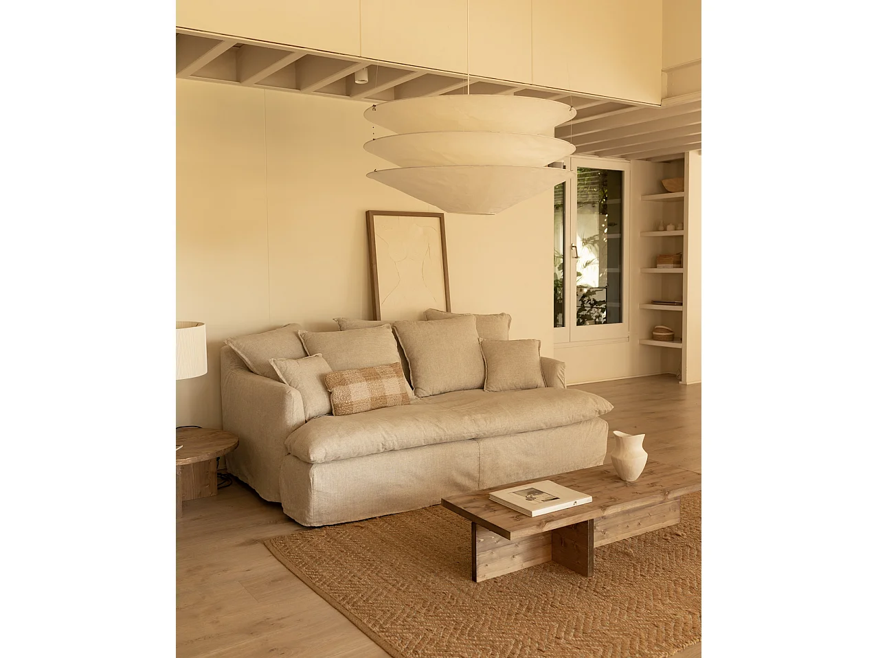 Sofá 2/3 plazas fondo medio de algodón y lino desenfundable beige 250x95x130cm - MIA - DECOWOOD