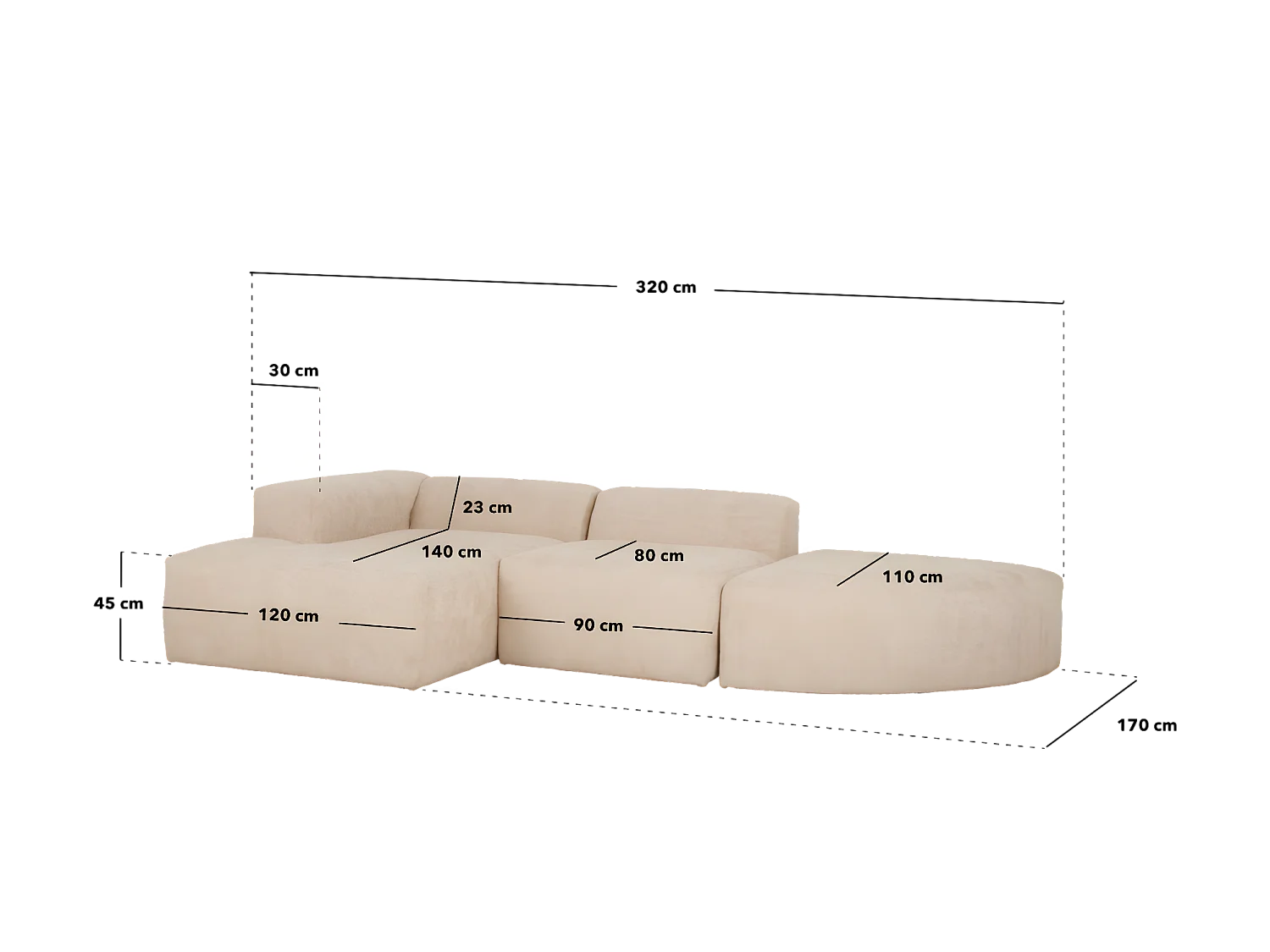 Divano curvo 3 moduli CHL sinistra in bouclé colore beige 320x172cm