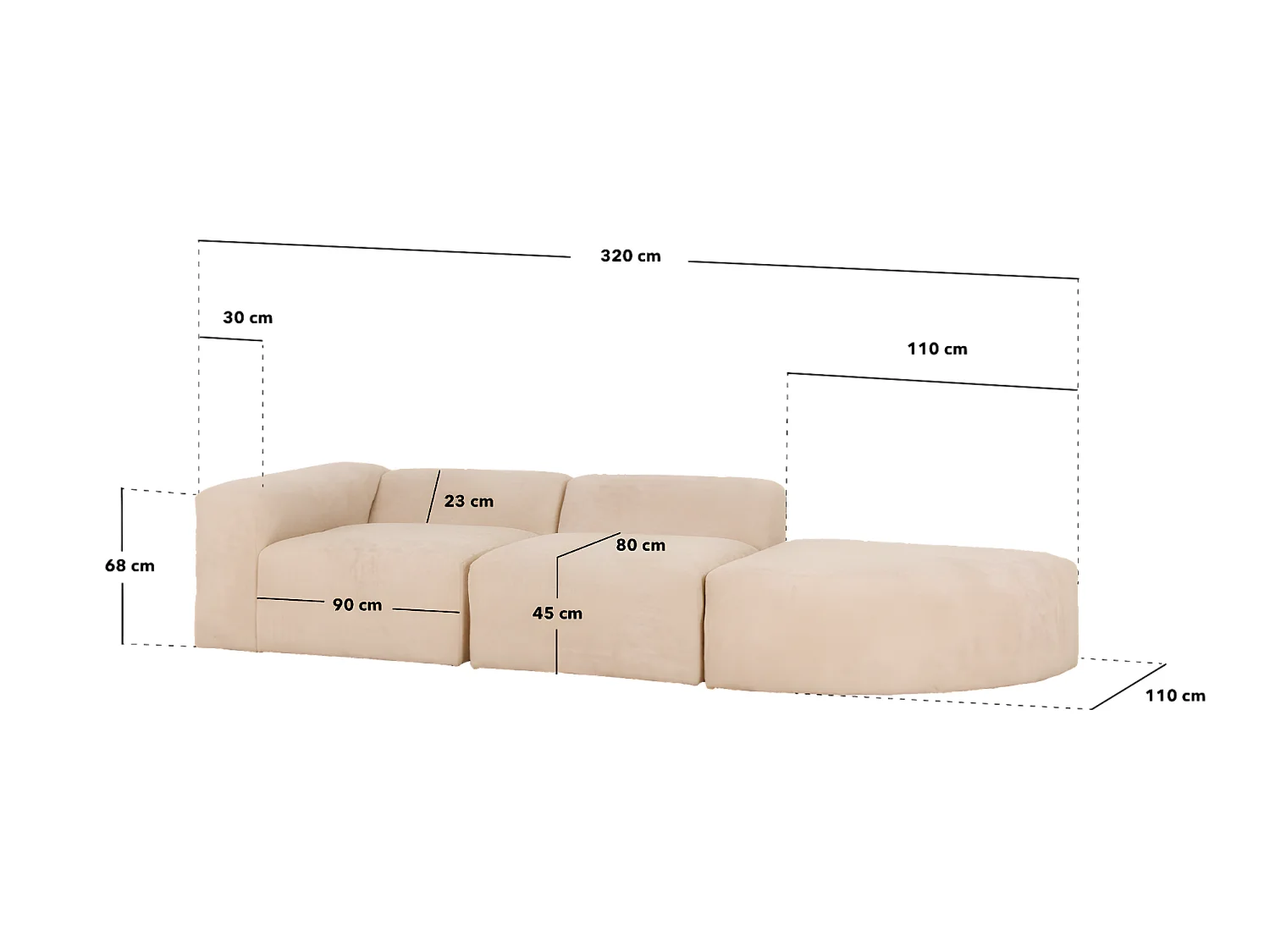 Divano a 3 moduli con curva a sinistra in bouclé bianco 320x110cm