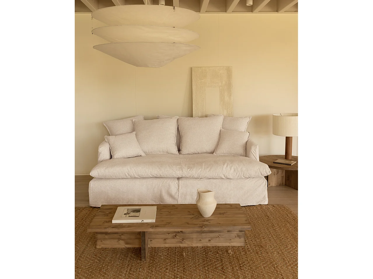 Sofá 2/3 plazas fondo medio de algodón y lino desenfundable blanco 250x95x130cm - MIA - DECOWOOD