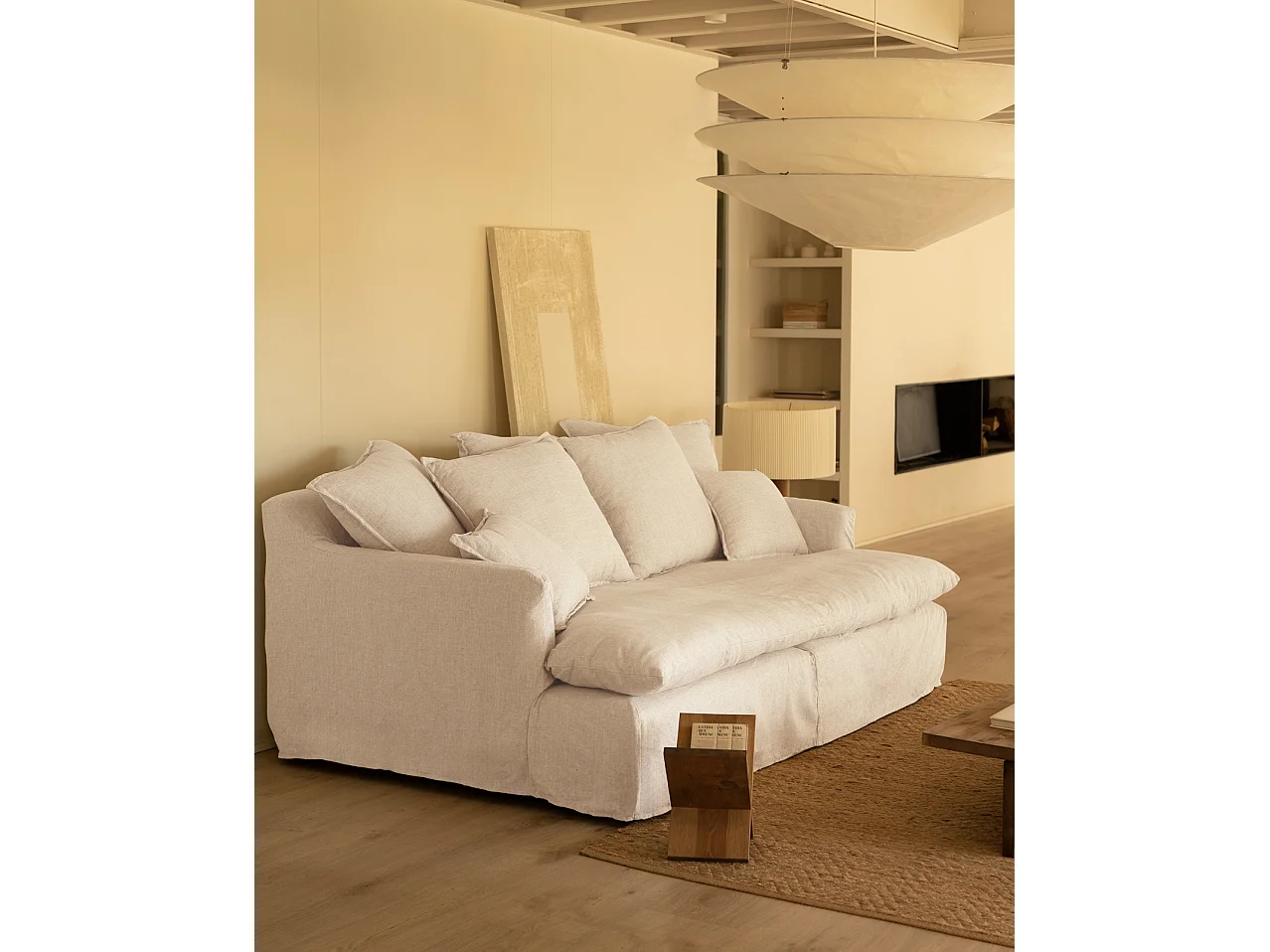 Sofá 2/3 plazas fondo medio de algodón y lino desenfundable blanco 250x95x130cm - MIA - DECOWOOD