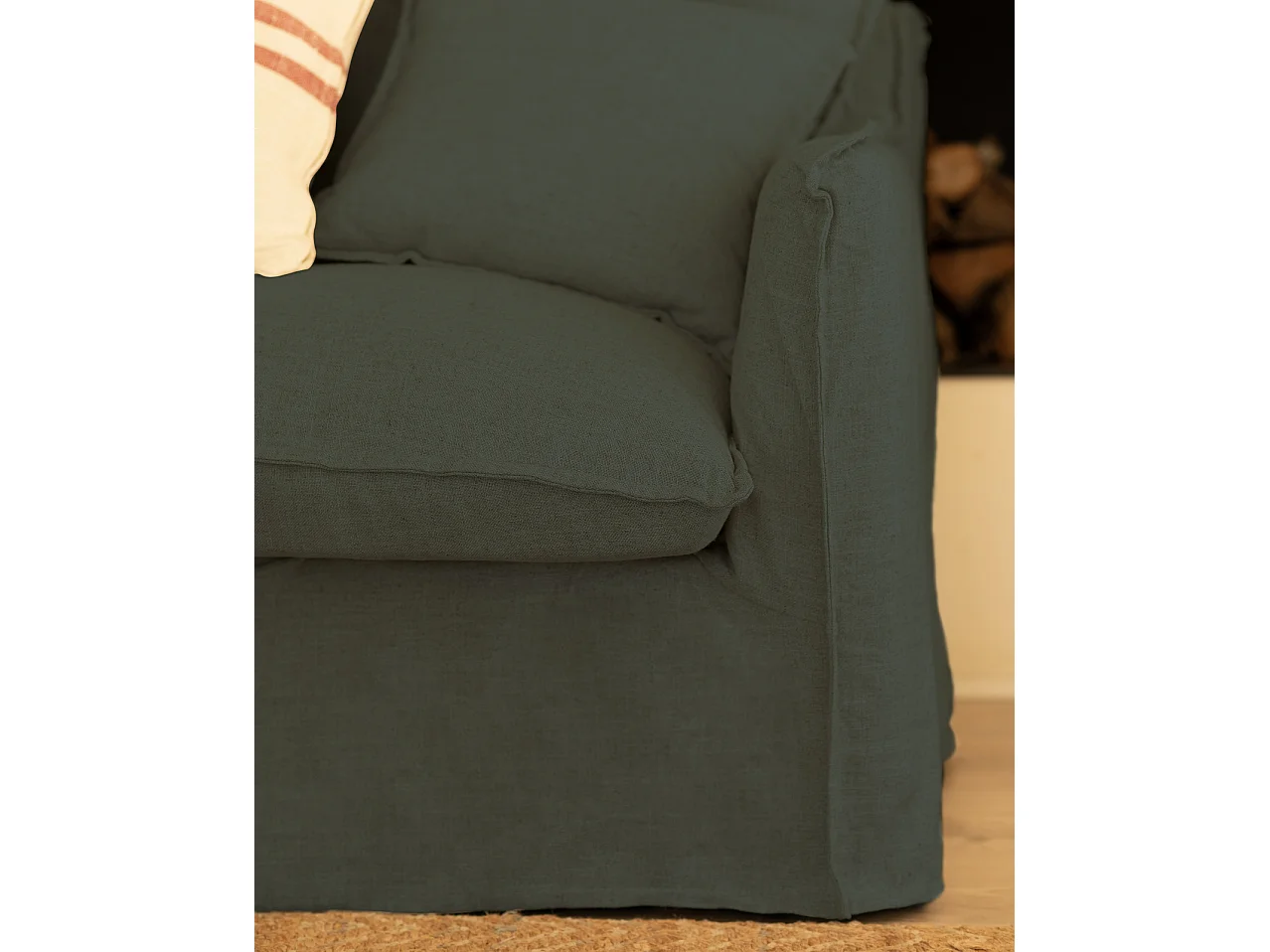 Sofá de 3 plazas de algodón y lino desenfundable color azul 190x95x100cm - MIA - DECOWOOD