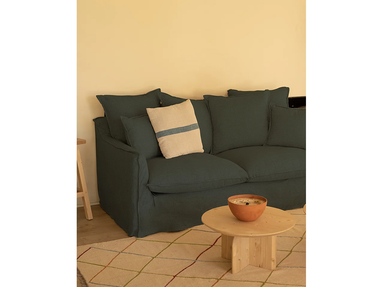 Sofá de 3 plazas de algodón y lino desenfundable color azul 190x95x100cm - MIA - DECOWOOD