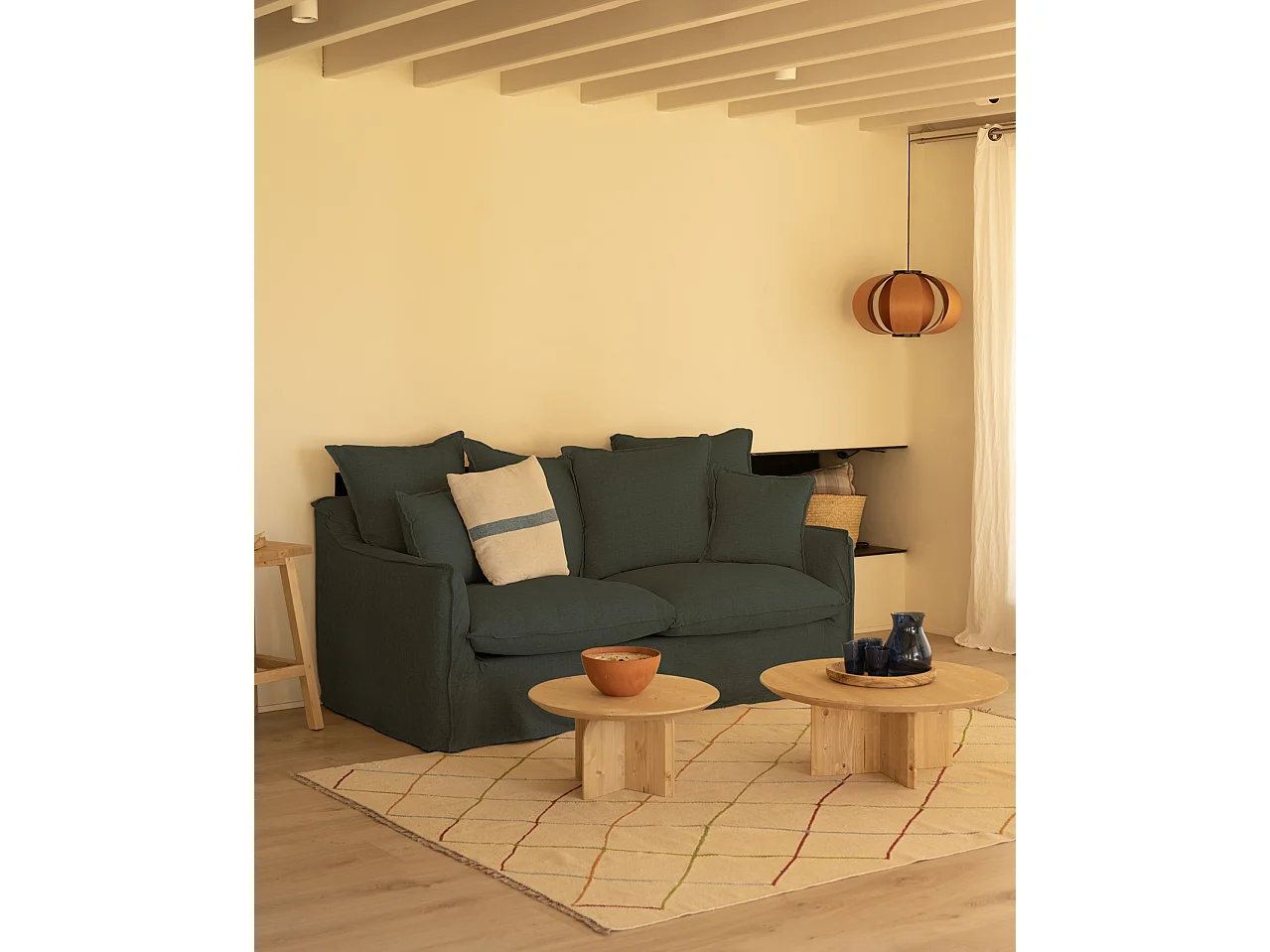 Sofá de 3 plazas de algodón y lino desenfundable color azul 190x95x100cm - MIA - DECOWOOD