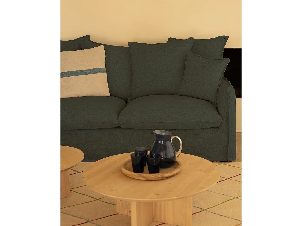 Sofá de 3 plazas de algodón y lino desenfundable color azul 190x95x100cm - MIA - DECOWOOD