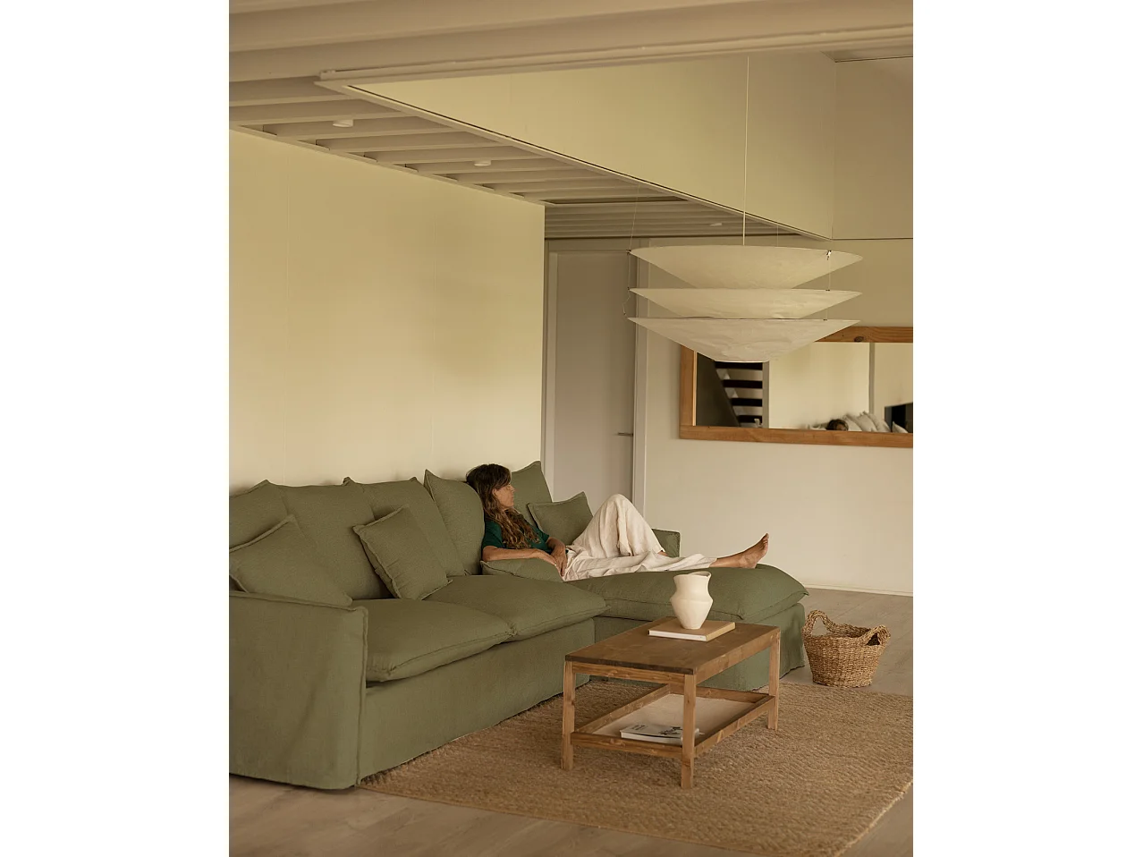 Sofá con chaise longue derecho desenfundable verde 4/5 plazas 310x95x170cm - MIA - DECOWOOD