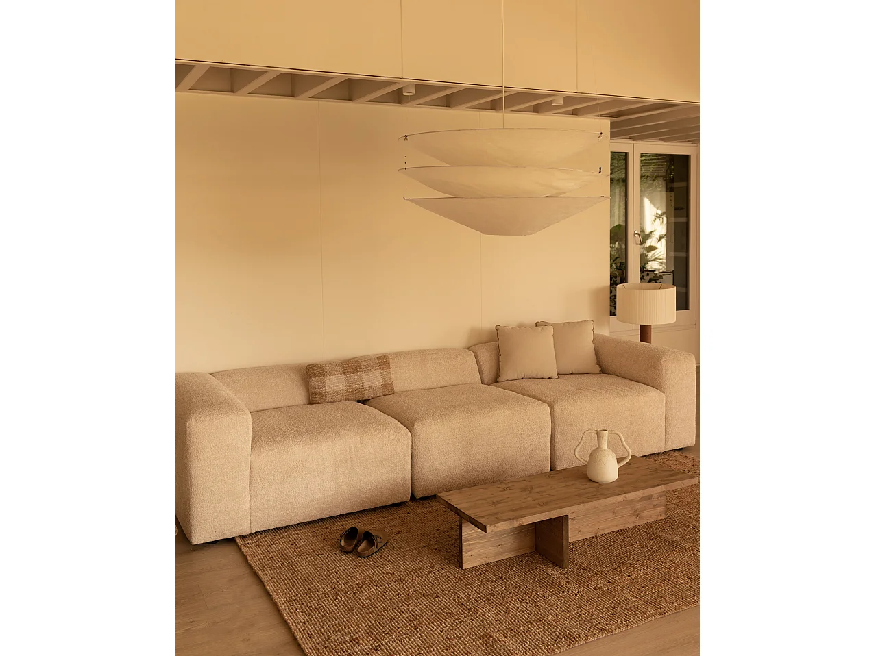Sofá de 5/6 plazas de 3 módulos de bouclé color beige 330x70x110cm - BERTA - DECOWOOD