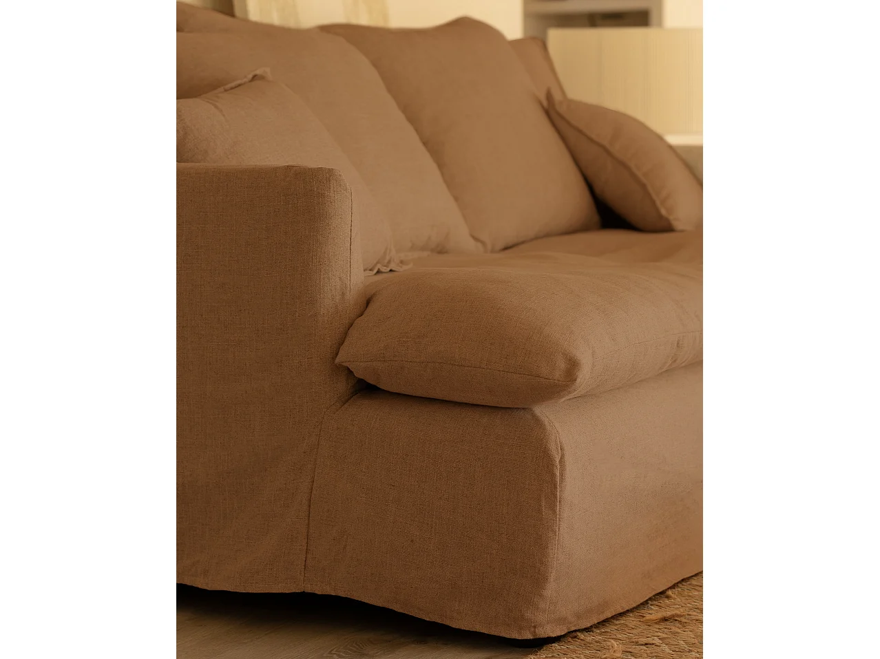 Sofá 2/3 plazas fondo medio de algodón y lino desenfundable teja 250x95x130cm - MIA - DECOWOOD