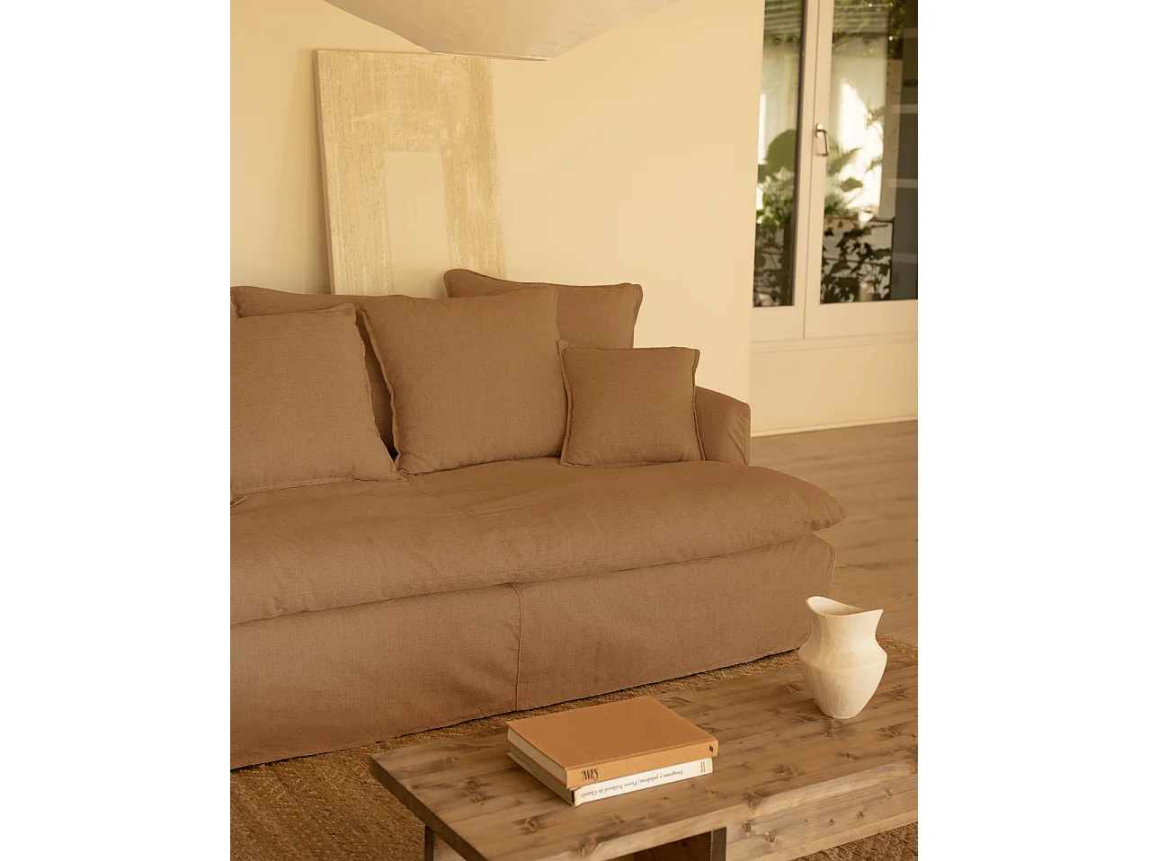 Sofá 2/3 plazas fondo medio de algodón y lino desenfundable teja 250x95x130cm - MIA - DECOWOOD