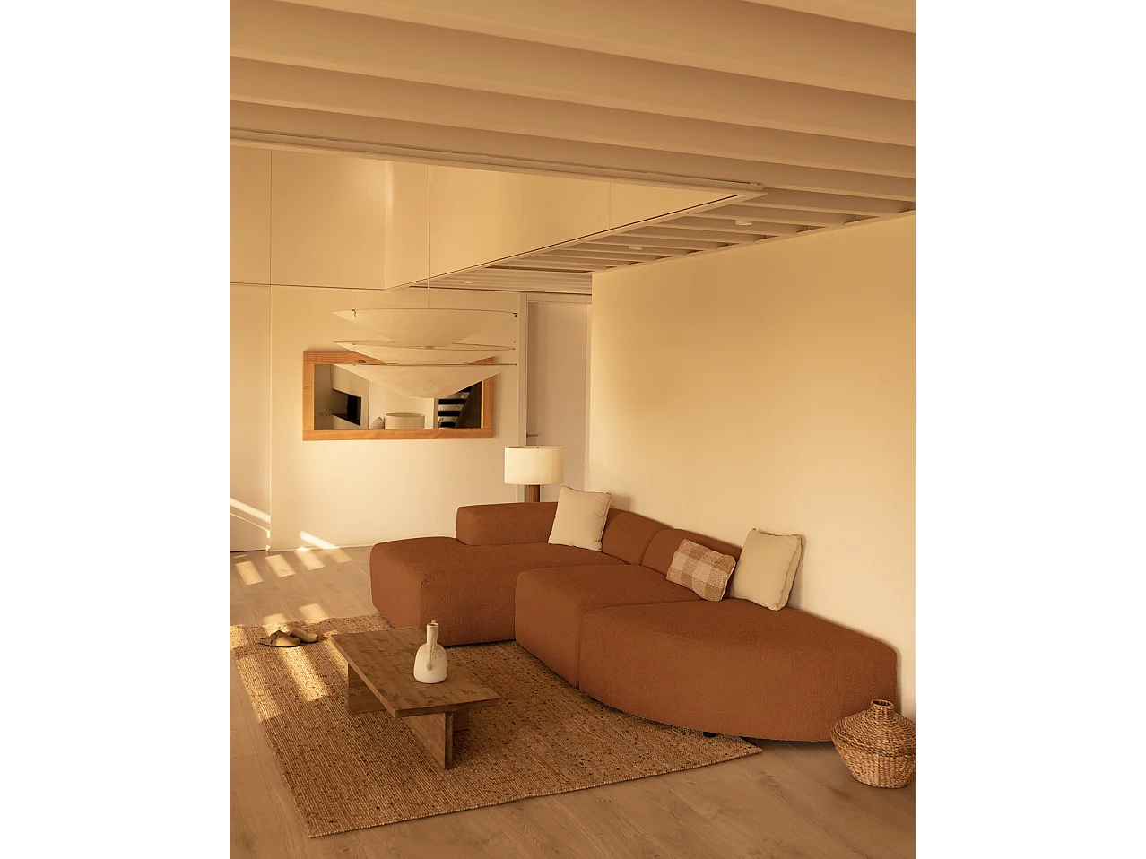 Sofá de 3 módulos curvo con chaise longue izquierdo bouclé cobre 320x70x172cm - BERTA - DECOWOOD