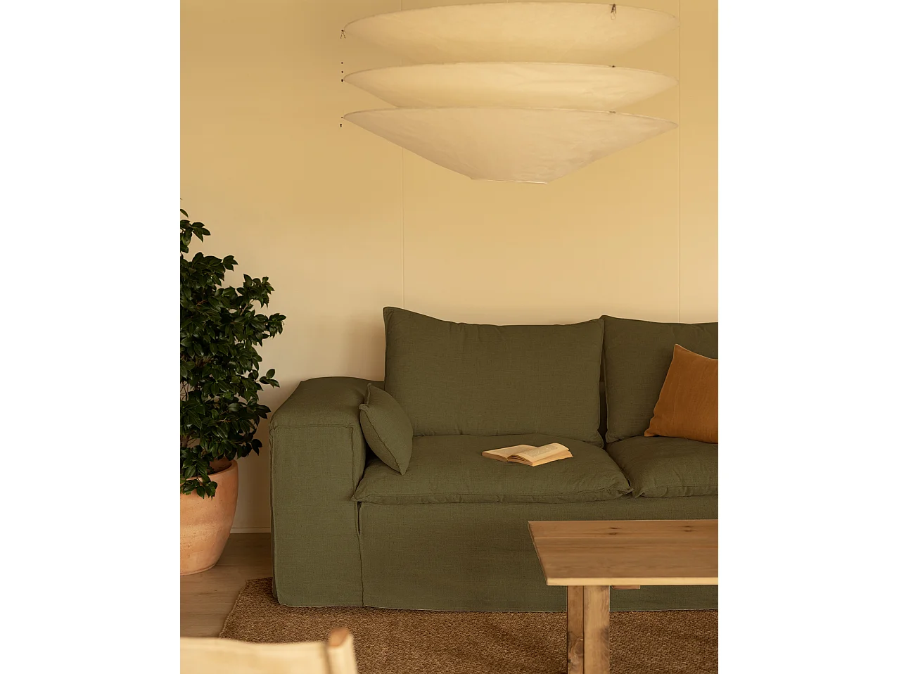 Sofá de 3/4 plazas de lino desenfundable color verde 210x90x110cm - VEGA - DECOWOOD