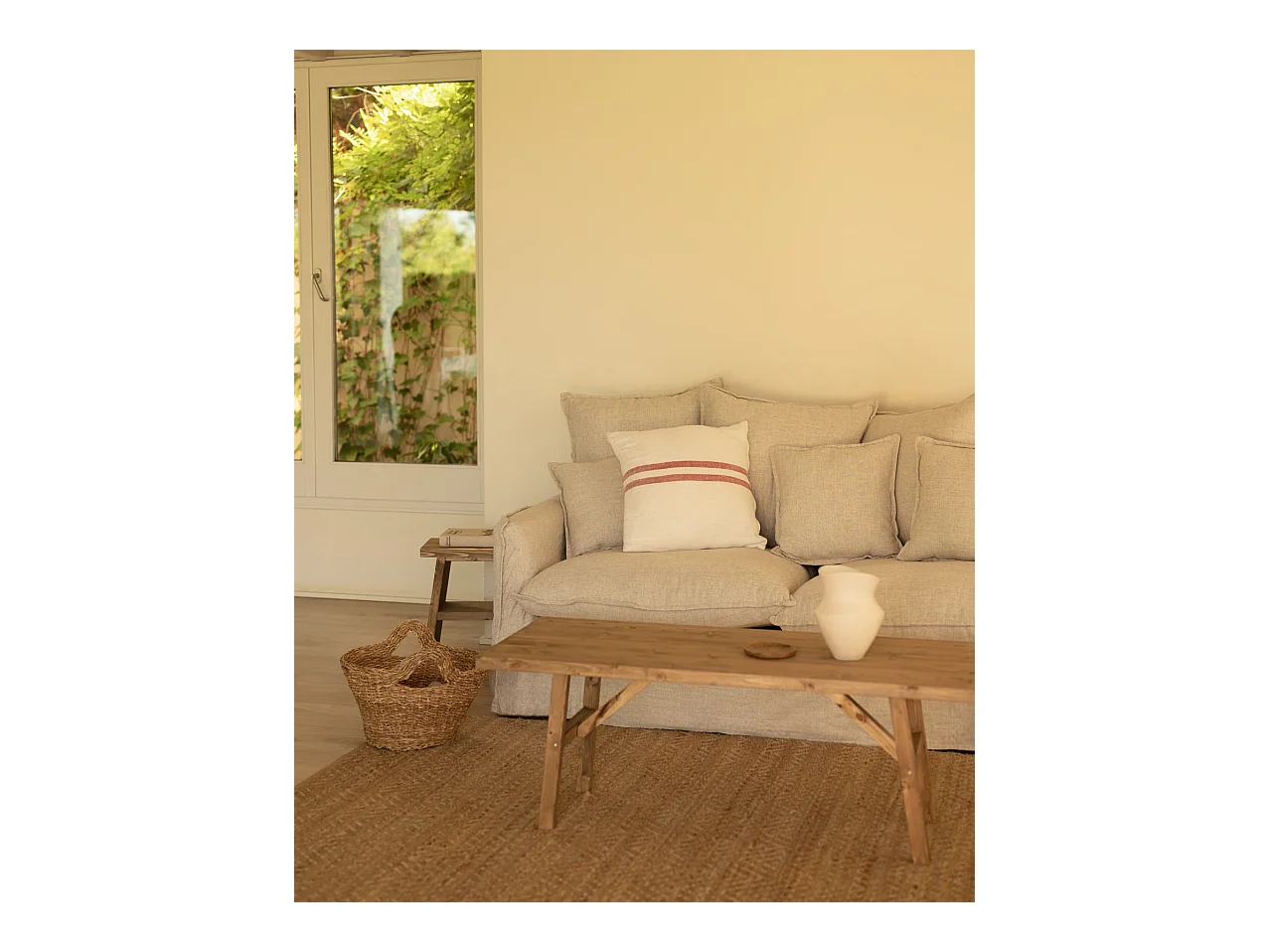 Sofá de 2 plazas de algodón y lino desenfundable color beige 160x95x100cm - MIA - DECOWOOD