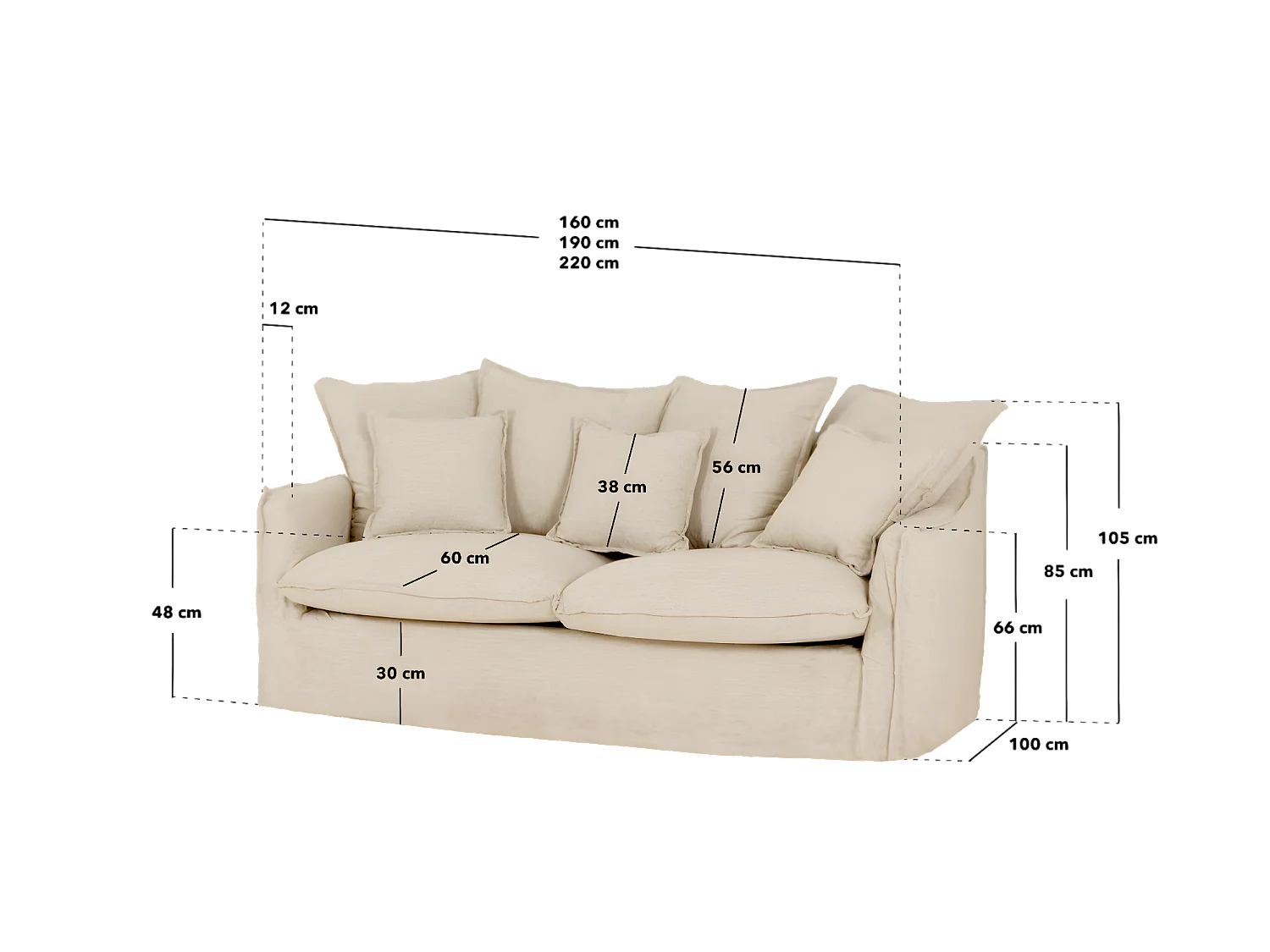 Canapé 2 places en coton et lin déhoussable couleur beige