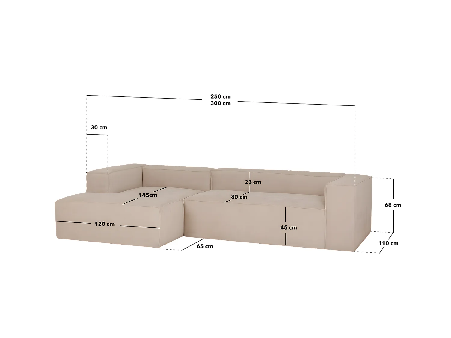 Sofá de 4/5 plazas con chaise longue izquierdo de pana verde 300x70x175cm - LOLA - DECOWOOD