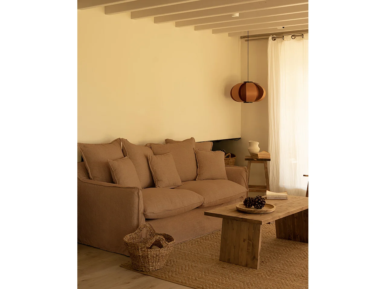 Sofá de 3 plazas de algodón y lino desenfundable color teja 190x95x100cm - MIA - DECOWOOD