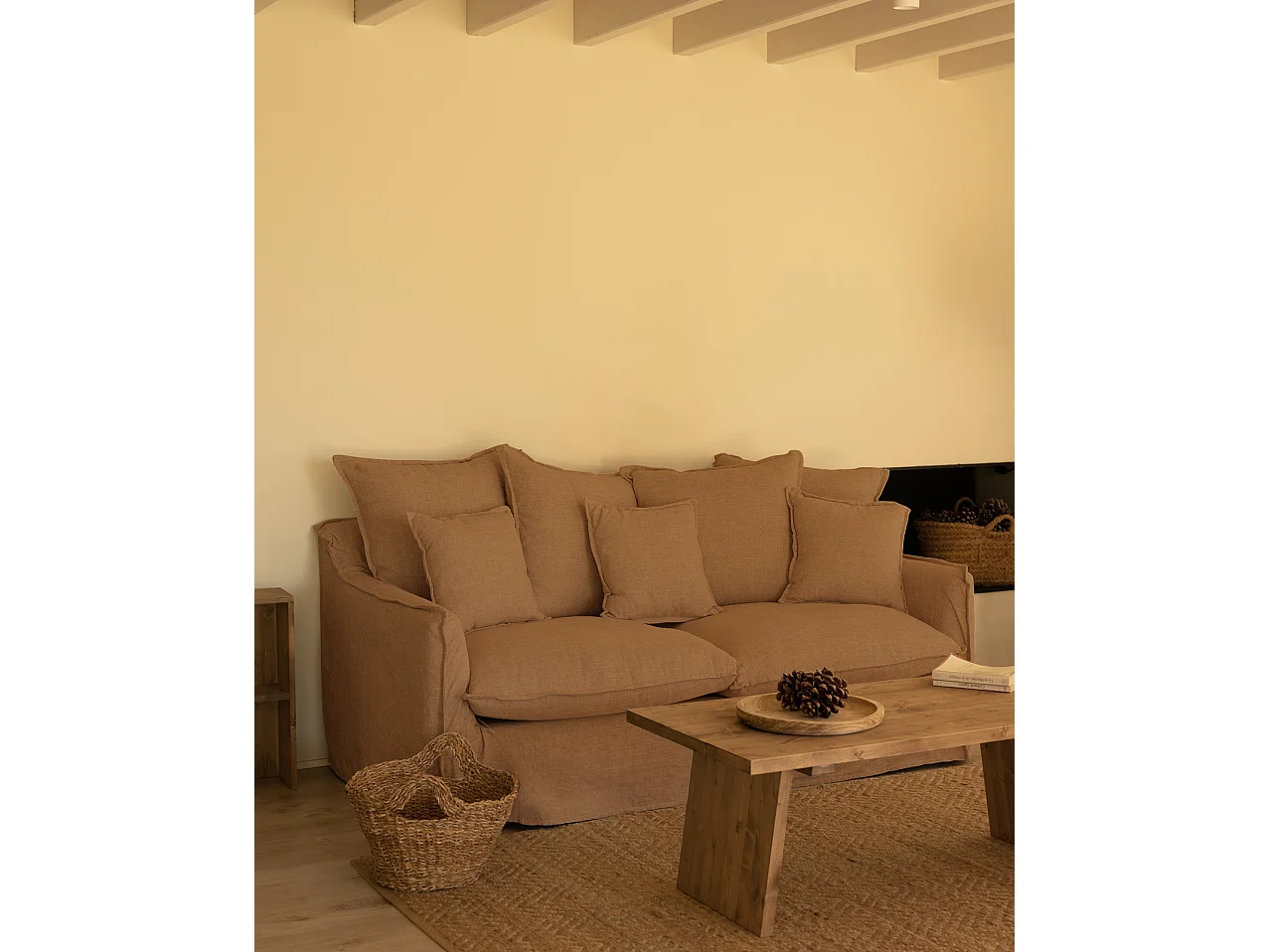 Sofá de 3 plazas de algodón y lino desenfundable color teja 190x95x100cm - MIA - DECOWOOD