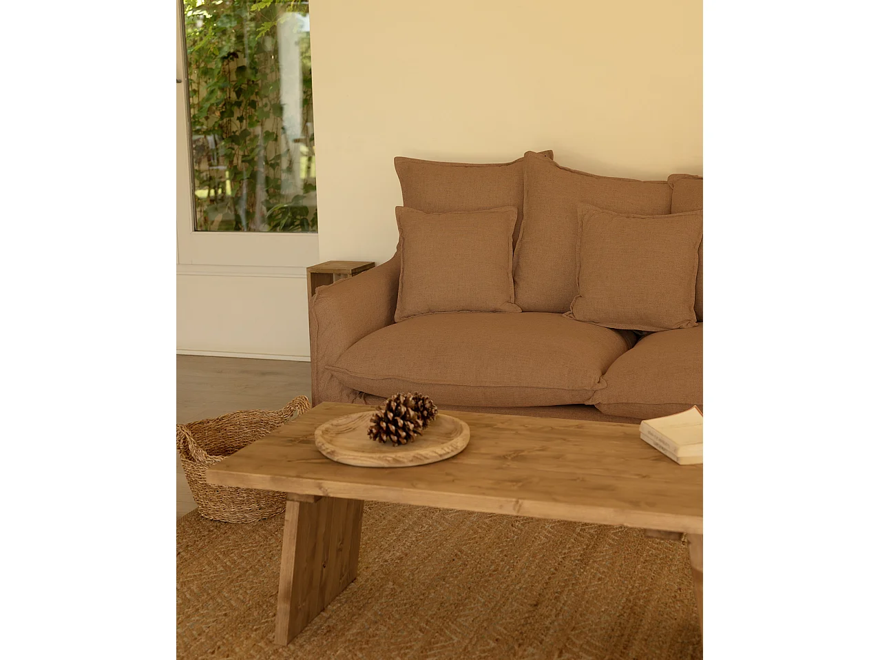 Sofá de 3 plazas de algodón y lino desenfundable color teja 190x95x100cm - MIA - DECOWOOD