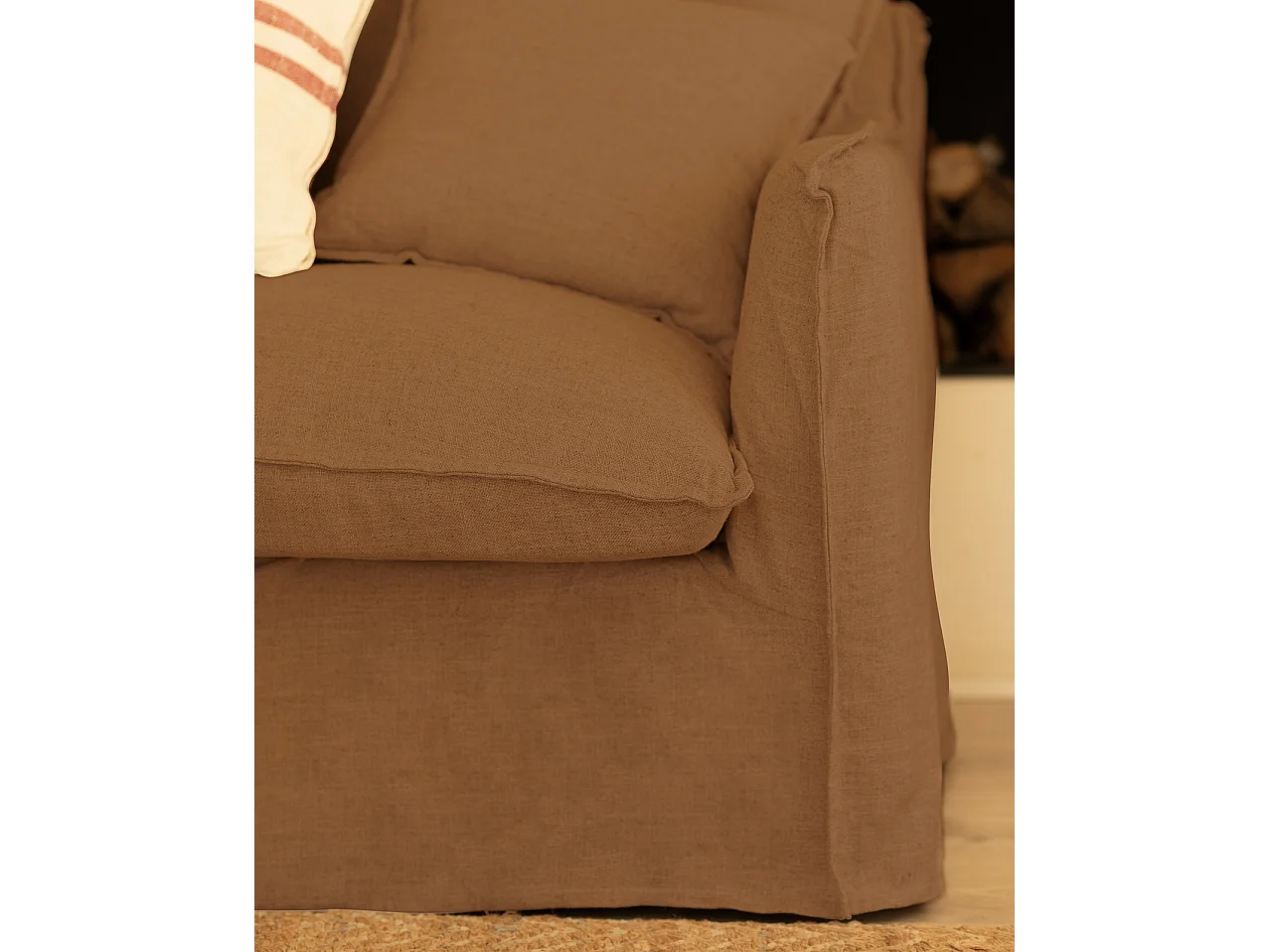 Canapé 3 places en coton et lin déhoussable couleur tuile