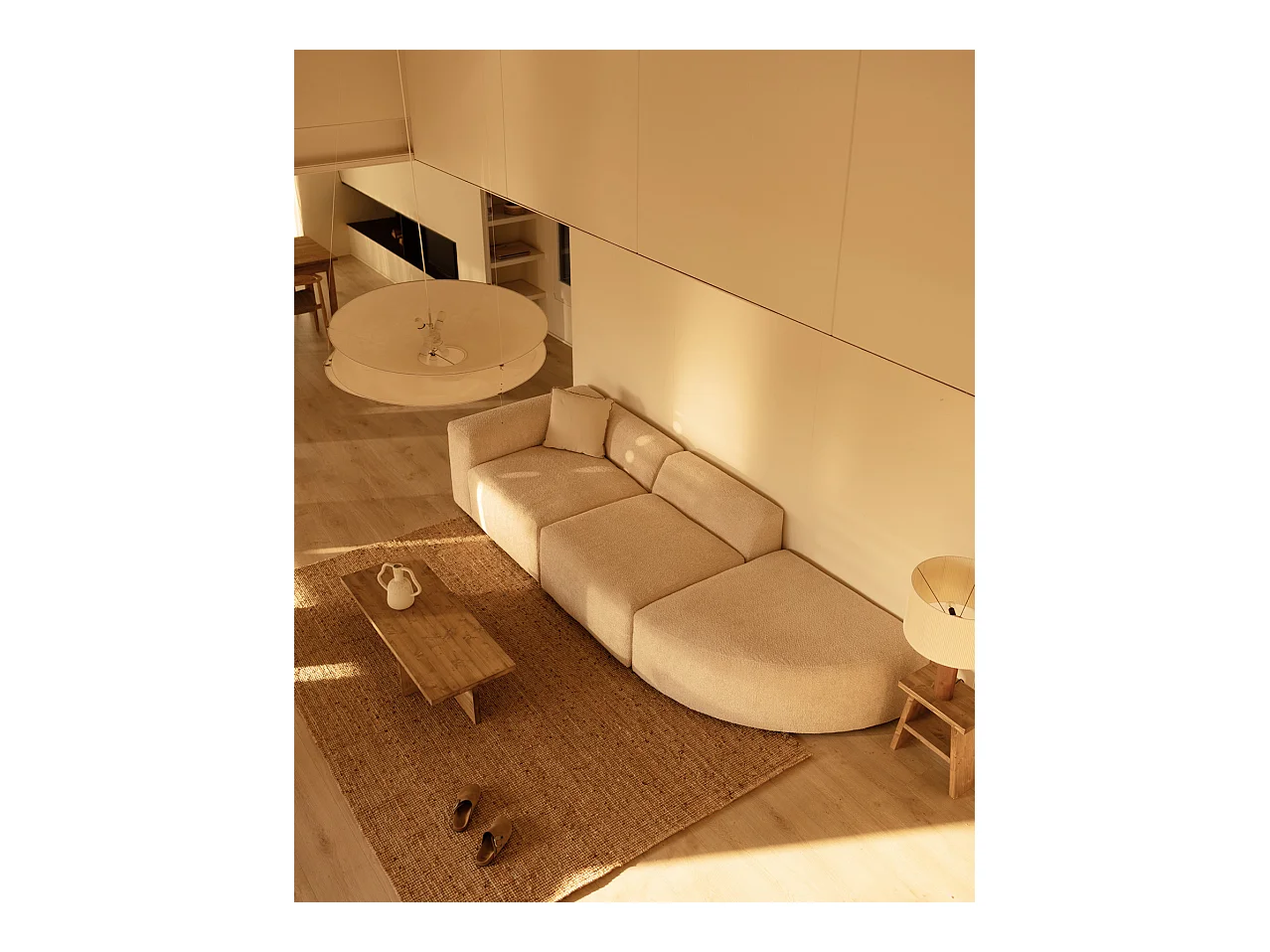 Sofá de 3 módulos con curva derecha de bouclé color beige 320x70x110cm - BERTA - DECOWOOD