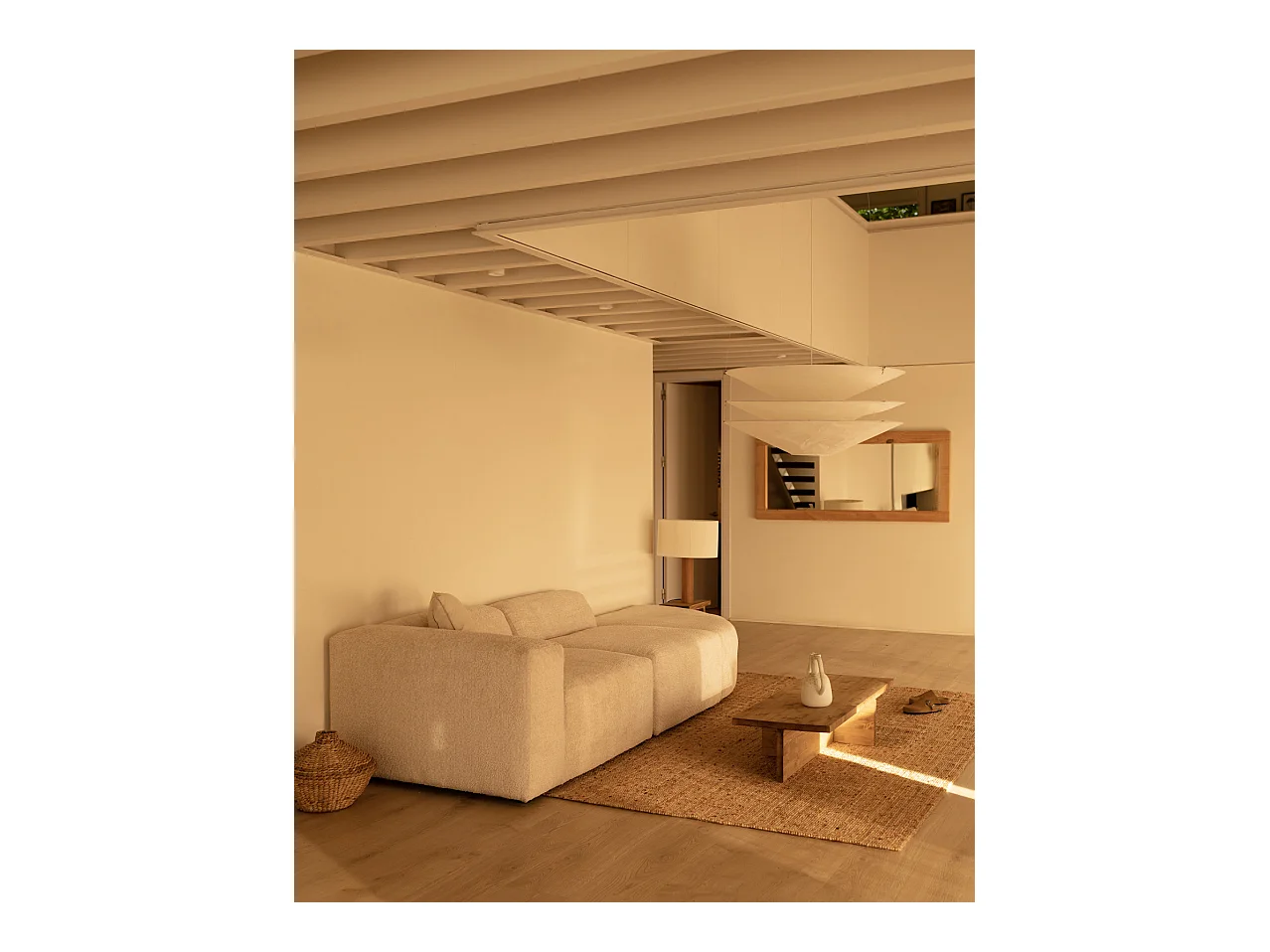 Sofá de 3 módulos con curva derecha de bouclé color beige 320x70x110cm - BERTA - DECOWOOD